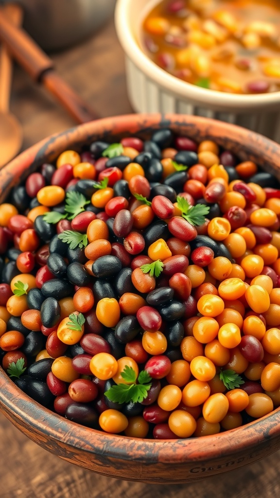 A bowl of various cooked beans with herbs, set against a rustic kitchen backdrop.